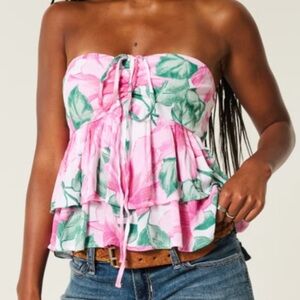 Hollister Pink Green Floral Tiered Halter Babydoll Top Strapless Ruched Front M